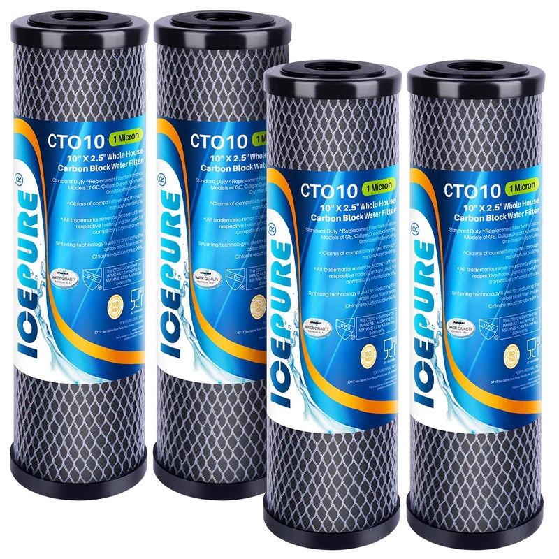 ICEPURE 1 Micron 2.5" x 10" Whole House CTO Carbon Sediment Water Filter Cartridge Compatible with DuPont WFPFC8002, WFPFC9001, SCWH-5, WHCF-WHWC, WHCF-WHWC, FXWTC, CBC-10, RO Unit, Pack of 4 - Image 1